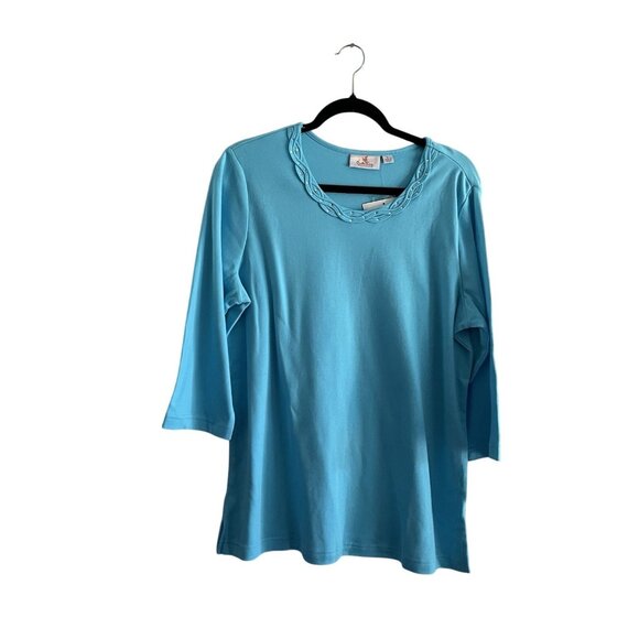 Quacker Factory Women L Blue Rhinestone Braided Sparkle 3/4 Sleeves T-Shirt NWT - Picture 1 of 10